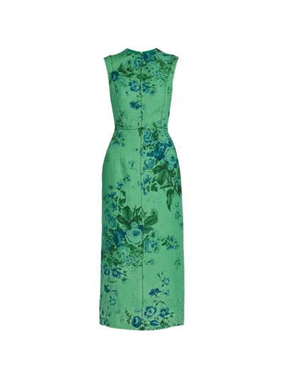 Erdem Floral Print Sleeveless Linen Midi Pencil Dress In Green