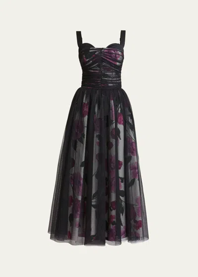 Erdem Layered Ruched Tulle And Floral-print Cotton-faille Midi Dress In Multi Floral