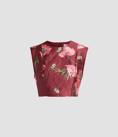Erdem Floral-print Crinkled Satin Cropped Top In Burgundy