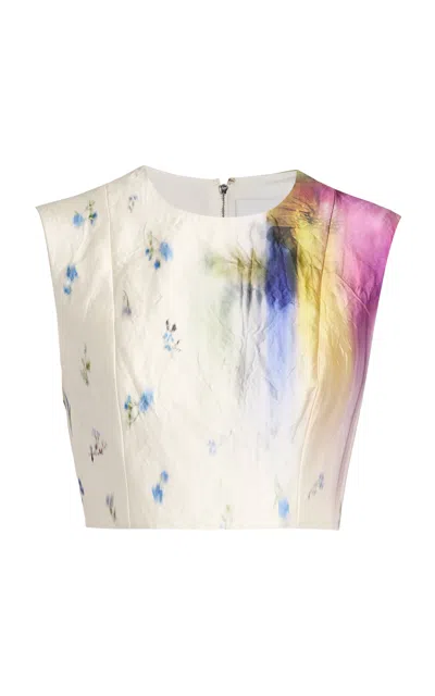 Erdem Floral Textured Satin Crop Top In White
