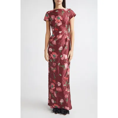 Erdem Floral Textured Satin Gown In Belle Epoque Poppy Ruby Red