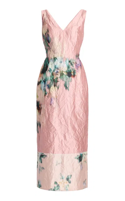 Erdem Floral Textured Satin Midi Dress In Pink