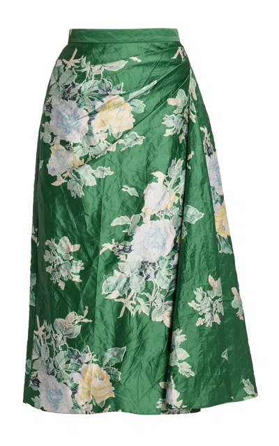 Erdem Floral Textured Satin Midi Skirt In Green
