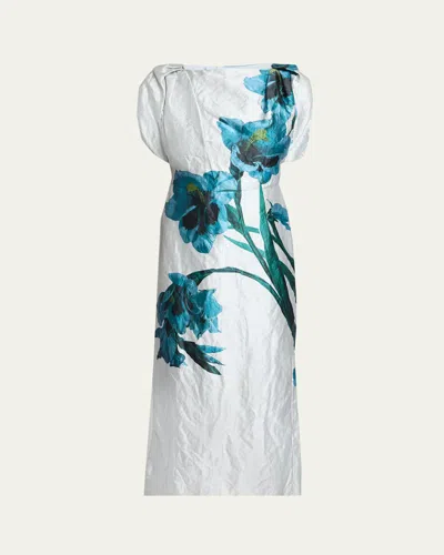 Erdem Floral Textured Satin Twisted-shoulder Midi Dress In Blue