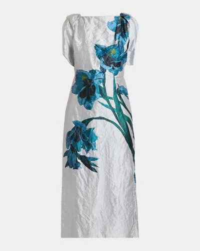 Erdem Floral Textured Satin Twisted-shoulder Midi Dress In White