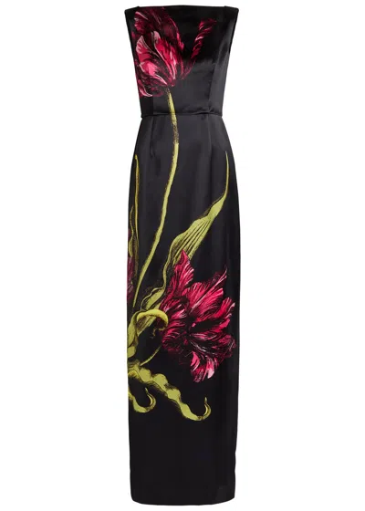Erdem Floral-print Duchess Satin Sleeveless Gown In Black