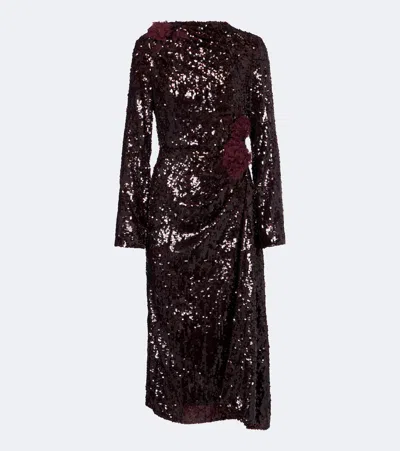 Erdem Floral-appliqué Gathered Sequined Midi Dress In Burgundy