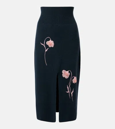 Erdem Floral-appliqué Knitted Midi Skirt In Blue