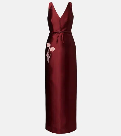 Erdem Floral-appliqué Satin Gown In Burgundy