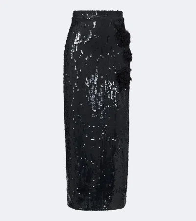 Erdem Floral-appliqué Sequined Midi Skirt In Black