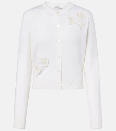 Erdem Floral-appliqué Wool Cardigan In White