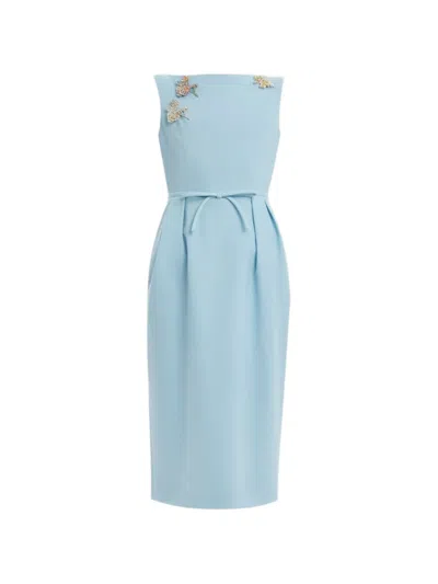 Erdem Floral-brooches Pencil Dress In Blue