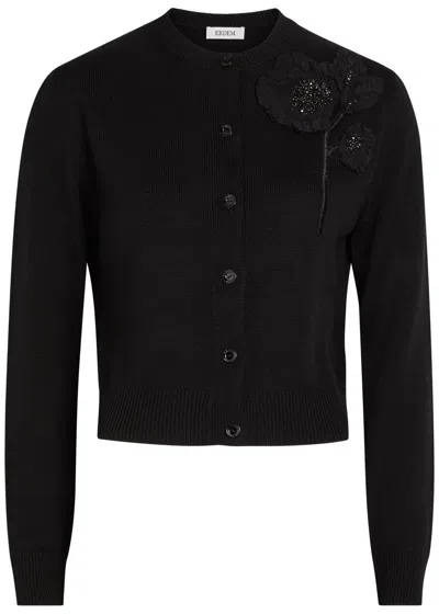 Erdem Floral-embellished Merino Wool Cardigan In Black