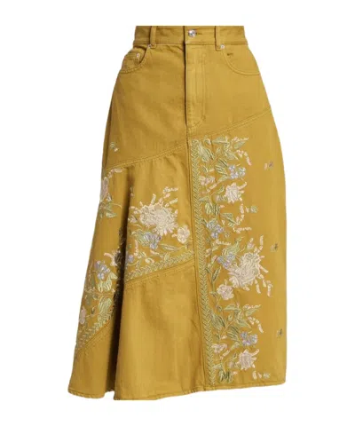Erdem Embellished Embroidered Denim Midi Skirt In Brown