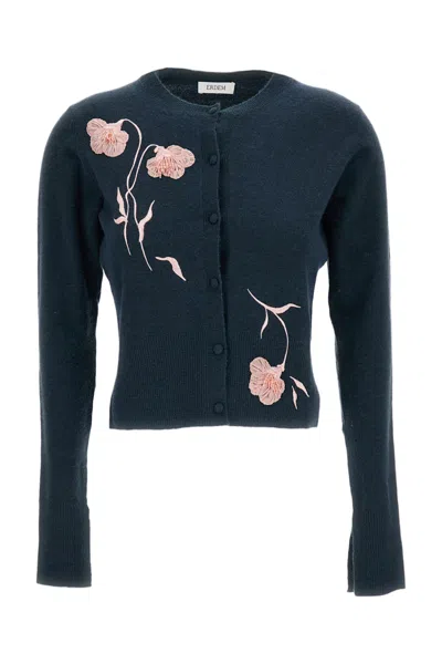Erdem Floral-embroidered Fitted Cardigan In Wool-cashmere Blend In Blue