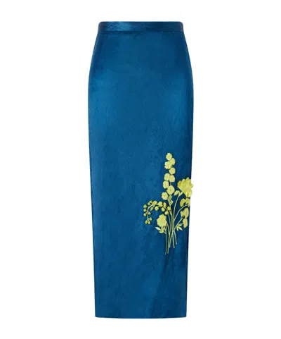 Erdem Floral-embroidered Metallic Satin Midi Skirt In Blue