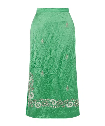 Erdem Womens Sea Green Embellished Textured Satin Pencil Midi Skirt