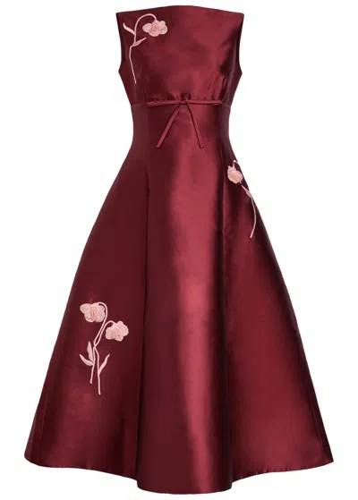 Erdem Floral-embroidered Mikado Satin Midi Dress In Burgundy