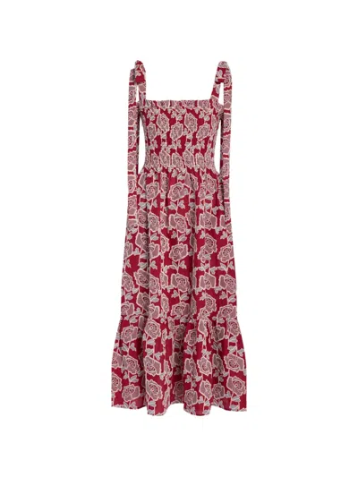 Erdem Floral Embroidered Tiered Cotton Blend Midi Sundress In Red