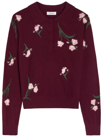 Erdem Floral-intarsia Merino Wool Polo Jumper In Burgundy