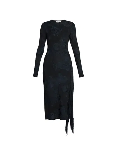 Erdem Floral-jacquard Fringe-trim Midi Dress In Blue