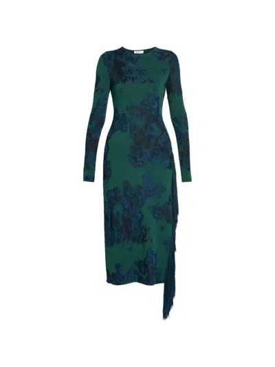 Erdem Floral-jacquard Fringe-trimmed Midi Dress In Green
