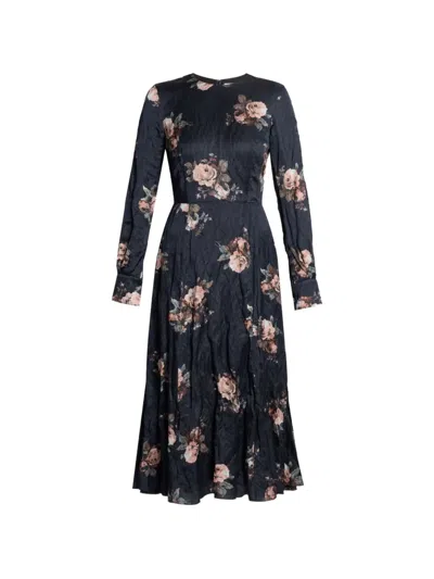 Erdem Floral-print Crinkled-satin Midi Dress In Black