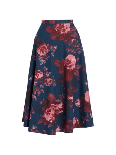 Erdem Floral Organic Cotton Poplin Midi Skirt In Blue