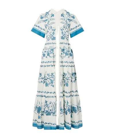 Erdem Womens Wild Fern Bot Dream Blue Botanical-print Tiered Cotton And Linen-blend Midi Shirt Dress In White