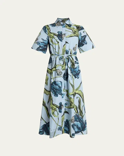 Erdem Floral-print Cotton Short-sleeve Midi Shirtdress In Blue