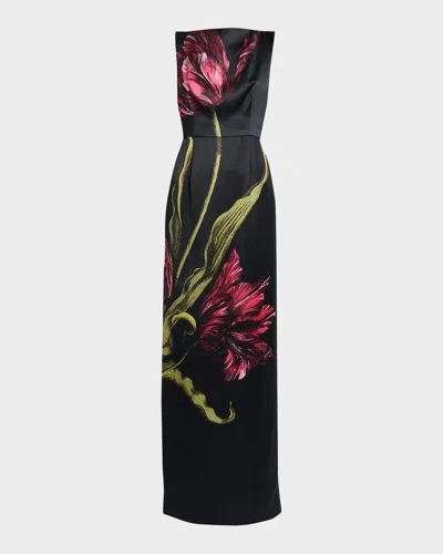 Erdem Floral-print Duchess Satin Sleeveless Gown In Black