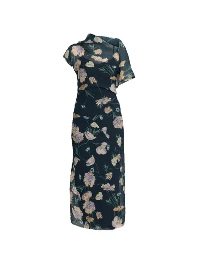 Erdem Floral-print Organza-cloque Midi Dress In Blue