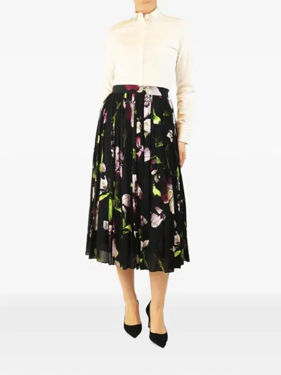 Pre-owned Erdem Floral-print Pleated Midi Skirt In Black