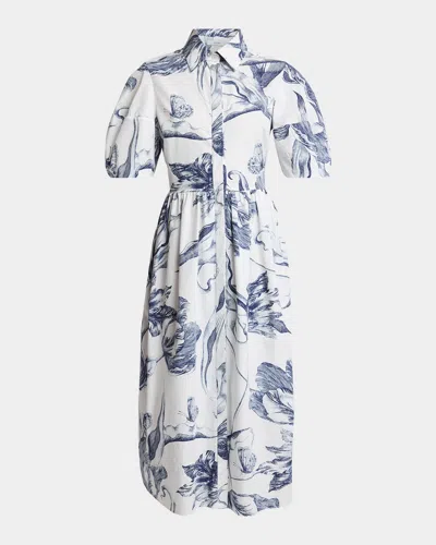 Erdem Floral-print Short-sleeve Midi Shirt Dress In White