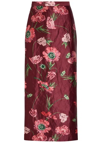 Erdem Floral-printed Satin Midi Pencil Skirt In Burgundy