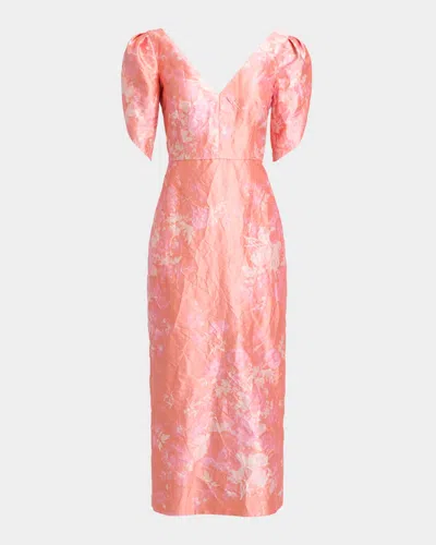 Erdem Floral Print Crushed Metallic Satin Gown In Pink