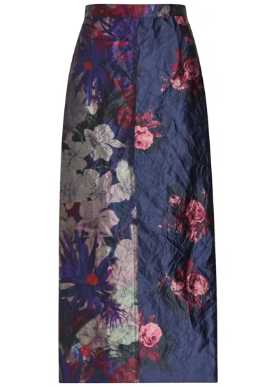 Erdem Floral-print Textured Satin Midi Skirt In Blue
