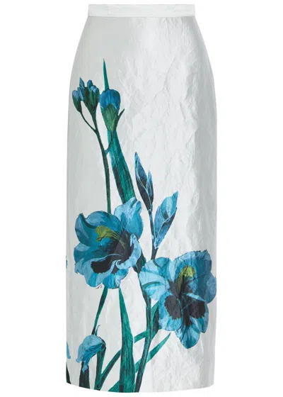 Erdem Floral-print Textured Satin Midi Skirt In White
