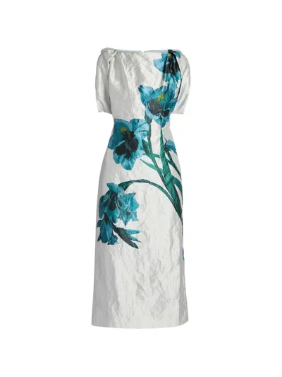 Erdem Floral-print Textured-satin Midi Dress In Silver