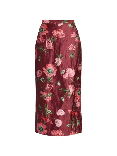 Erdem Floral-printed Satin Midi Pencil Skirt In Burgundy