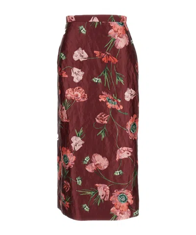 Erdem Floral-printed Satin Midi Pencil Skirt In Burgundy