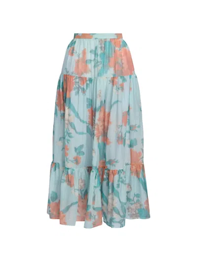 Erdem Floral Print Cotton Silk Voile Tiered Full Midi Skirt In Multi