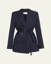 Erdem Flower Double-breasted Belted Wool Blazer In Navy
