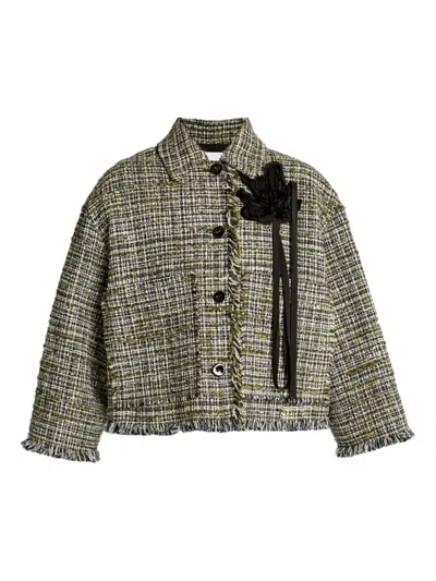 Erdem Flower-embellished Tweed Jacket In Green