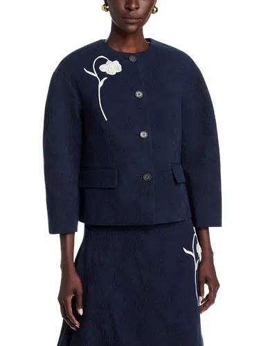 Erdem Womens Midnight Blue Flower-jacquard Cotton-blend Crop Jacket