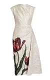 Erdem Flower-printed Draped Midi Dress In White