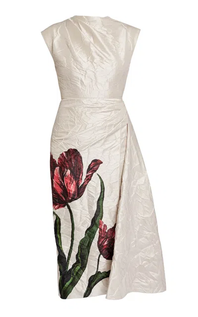 Erdem Flower-printed Draped Midi Dress In White
