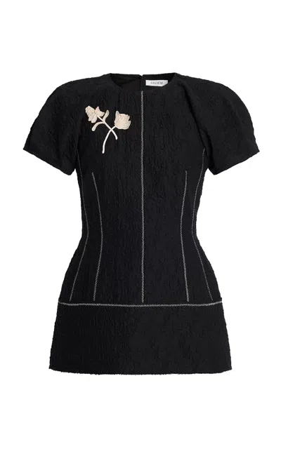 Erdem Flower-detailed Cotton-cloque Top In Black