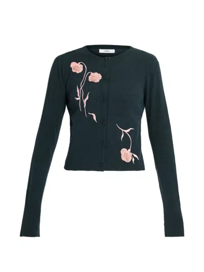 Erdem Floral-embroidered Fitted Cardigan In Wool-cashmere Blend In Blue