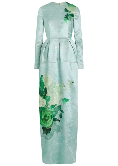 Erdem Flroal-print Textured Satin Maxi Dress In Blue
